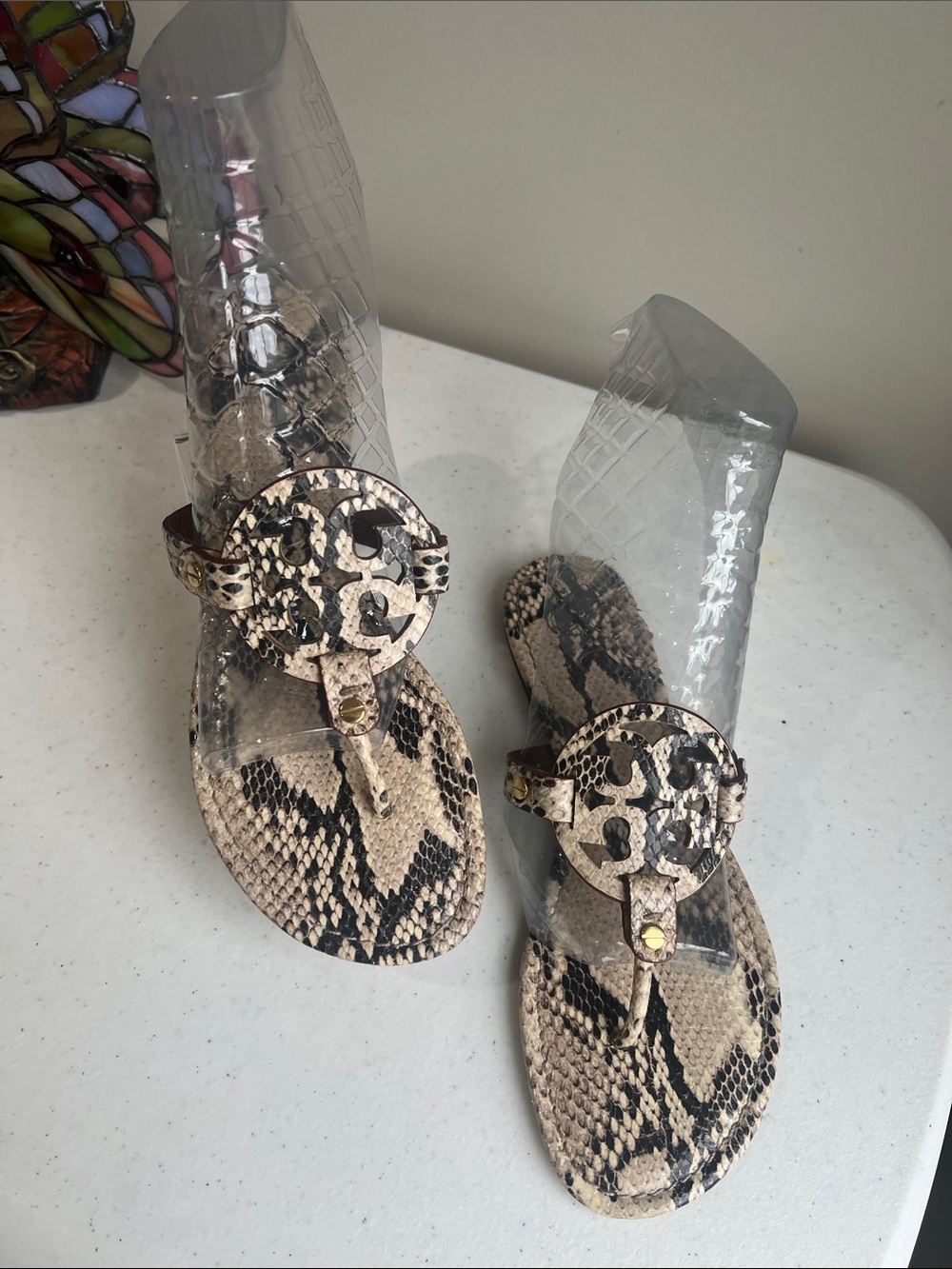 Tory Burch Snake Print Miller Thong Sandals in Beige and Black